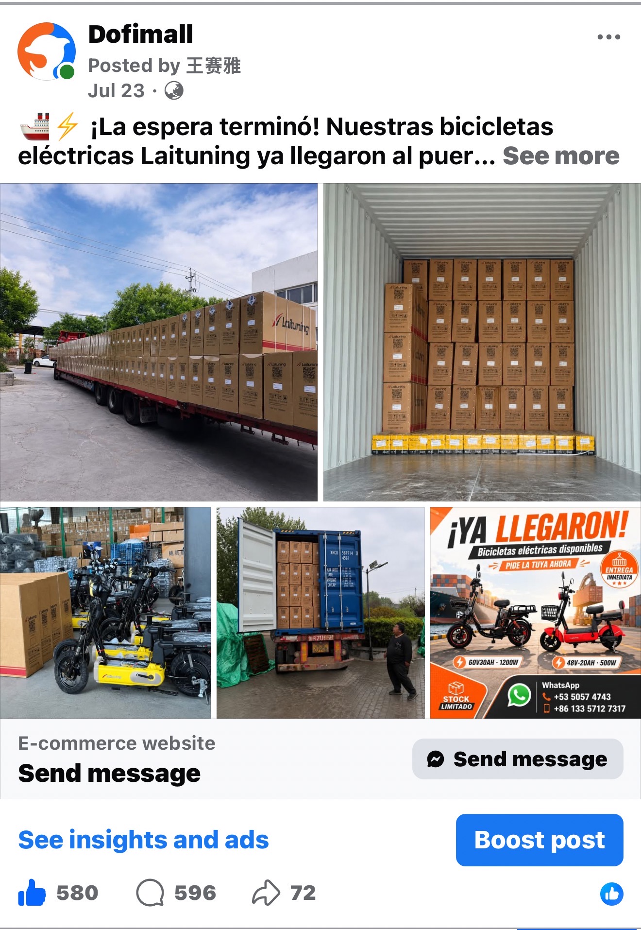 Availability update post showing electric bicycle stock arriving