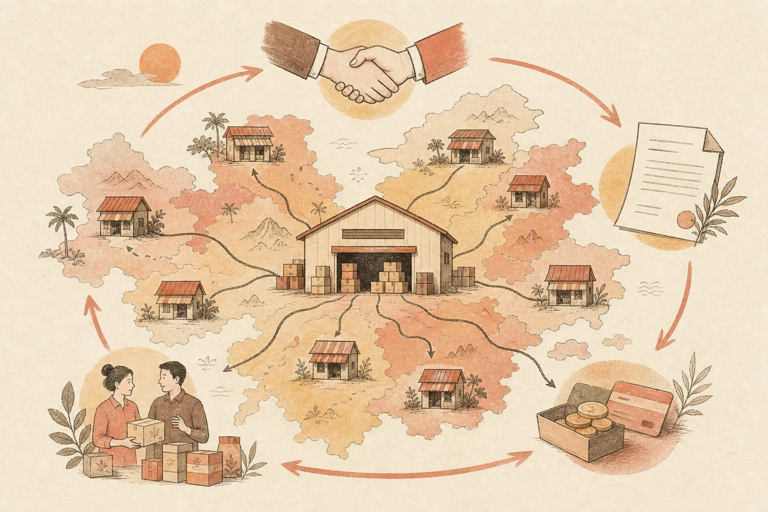 Hand-drawn editorial illustration of a regional distributor and consignment network