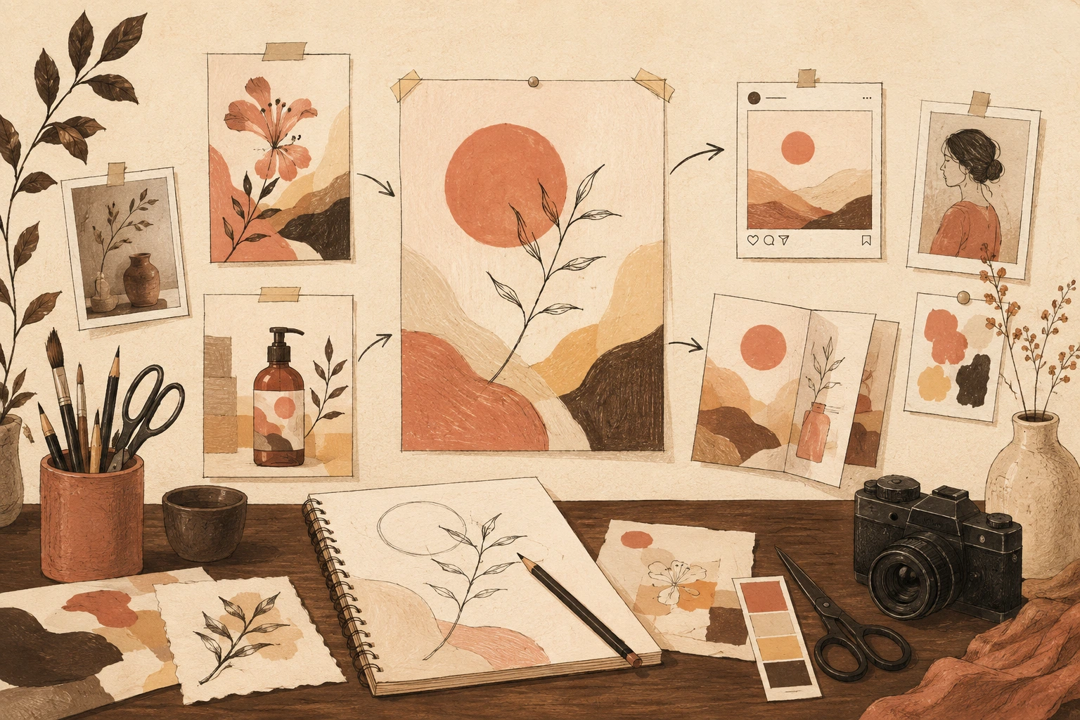 Hand-drawn editorial illustration of a creative desk, campaign posters and content production tools
