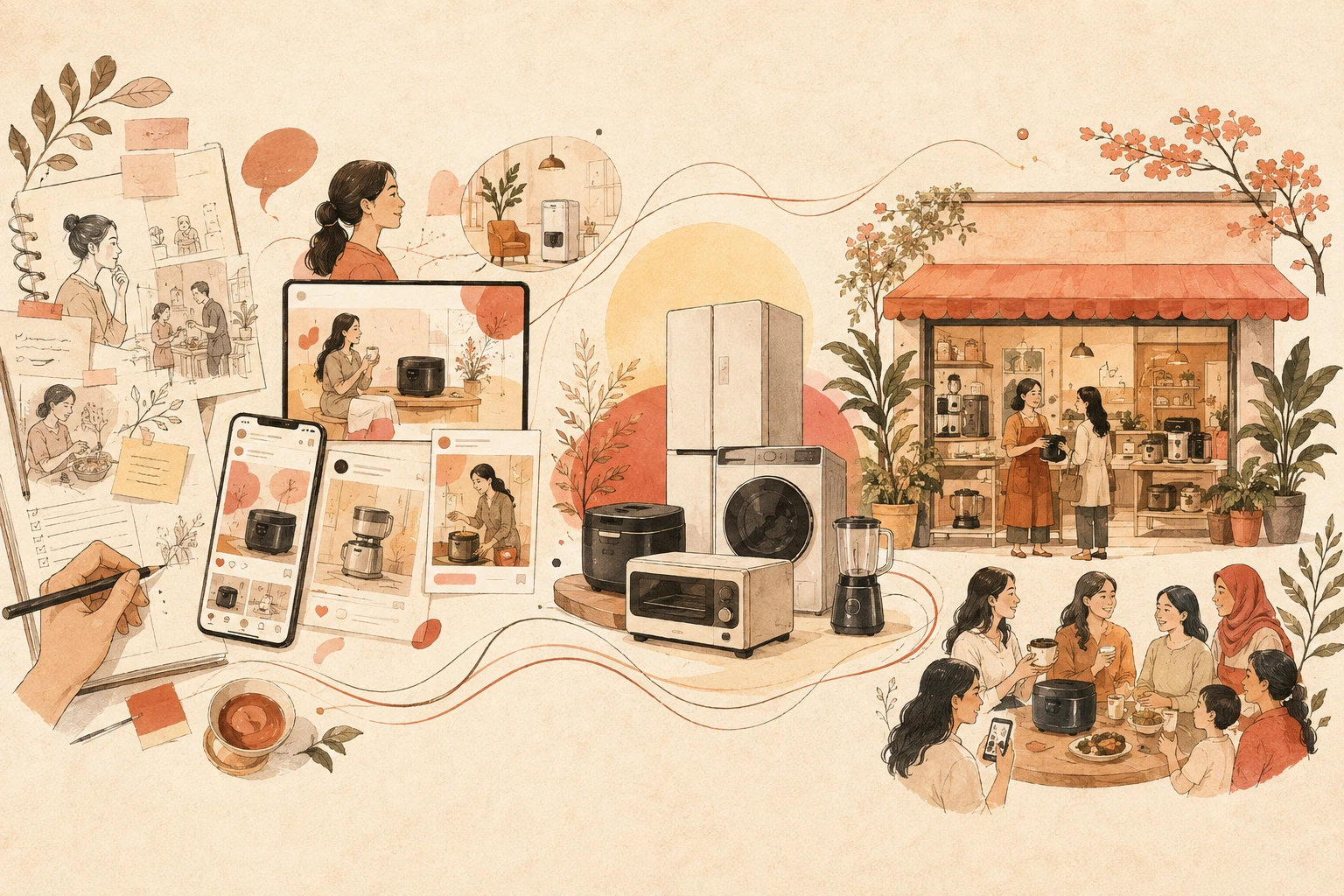 Hand-drawn editorial illustration connecting market insight, campaign content, products and retail activation